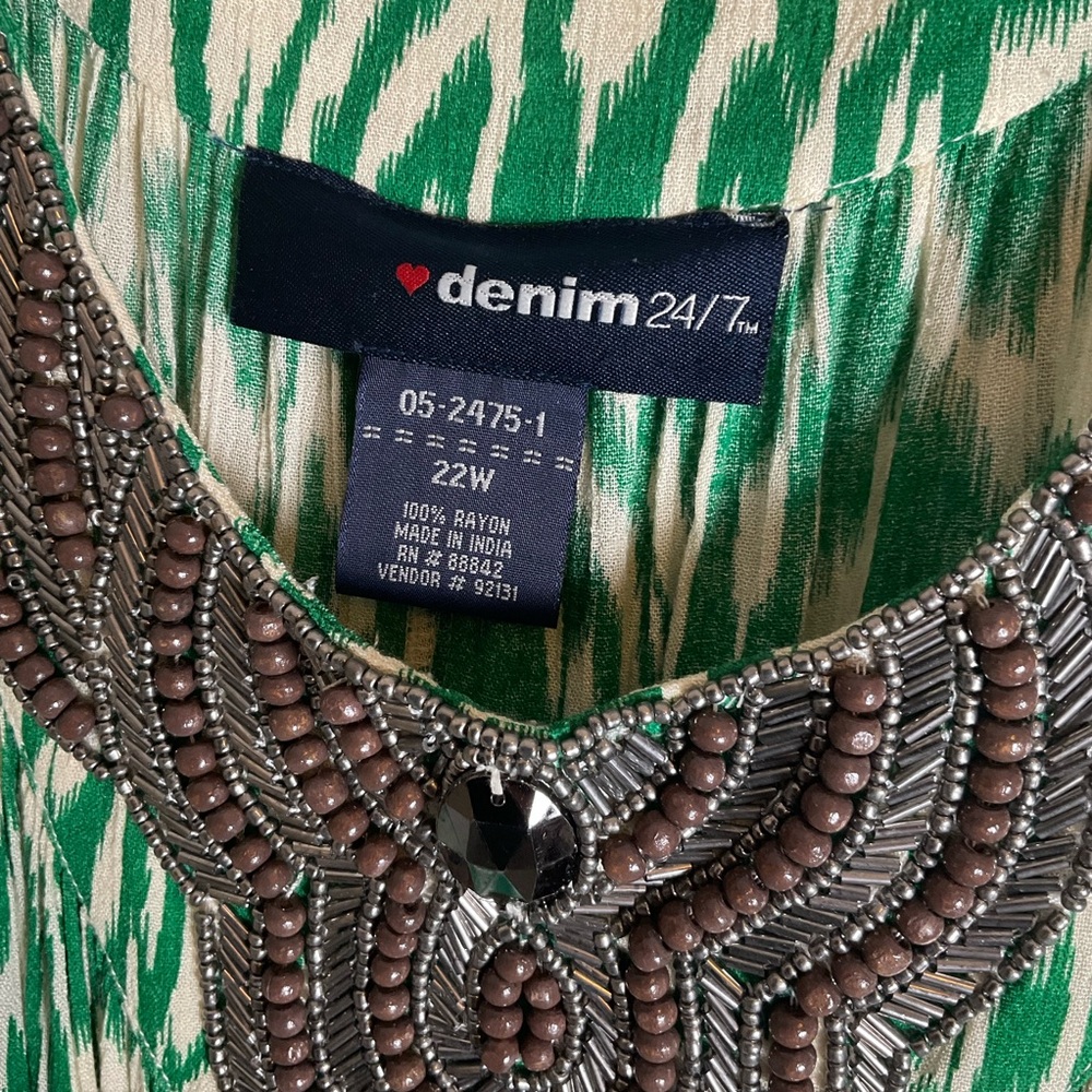 Denim 24/7 Boho Green Ikat Maxi Dress Beaded Neckline 22W - Picture 4 of 10